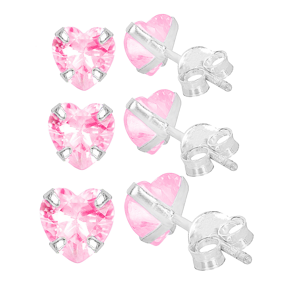 BRINCO P925 TRIO PONTO DE LUZ CORAÇAO ROSA ZIRCONIA 4MM 5MM 6MM