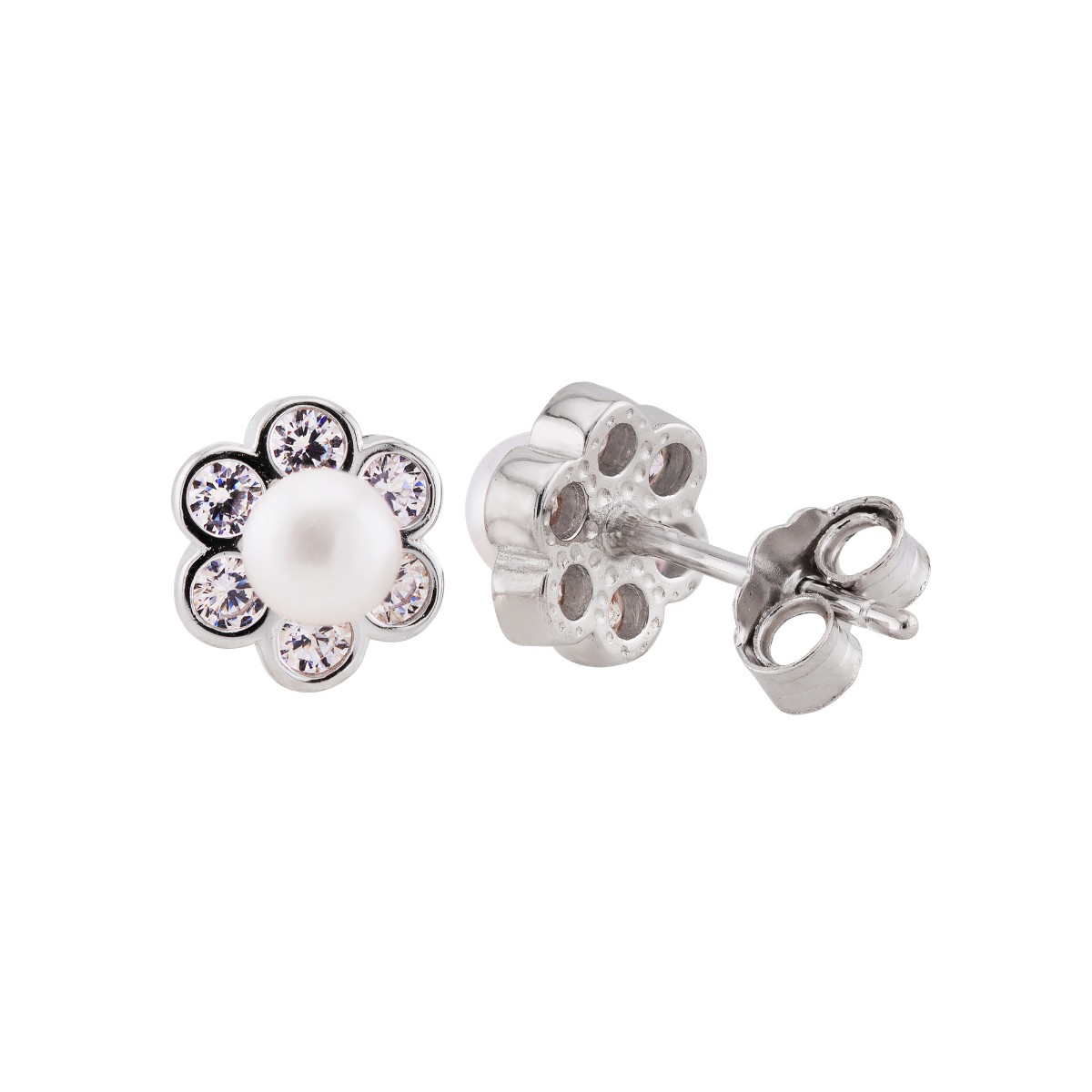 BRINCO PEQUENO P925 FLOR CRAVEJADA C/ ZIRCONIAS E PÉROLA