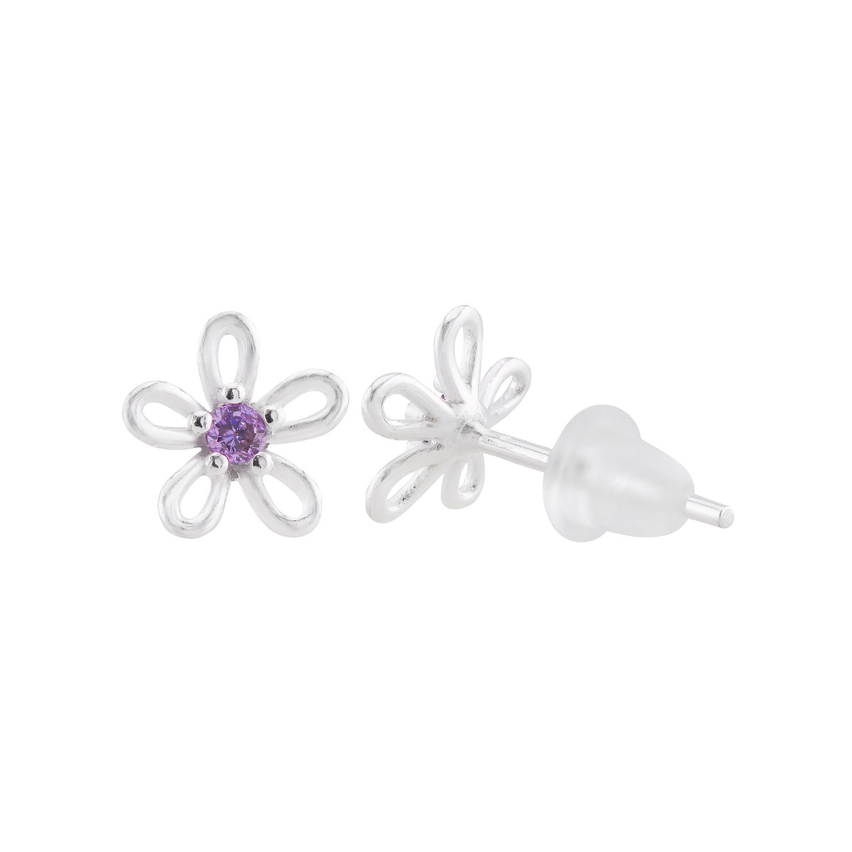 BRINCO PEQUENO P925 FLOR ZIRCONIA ROXA INFANTIL