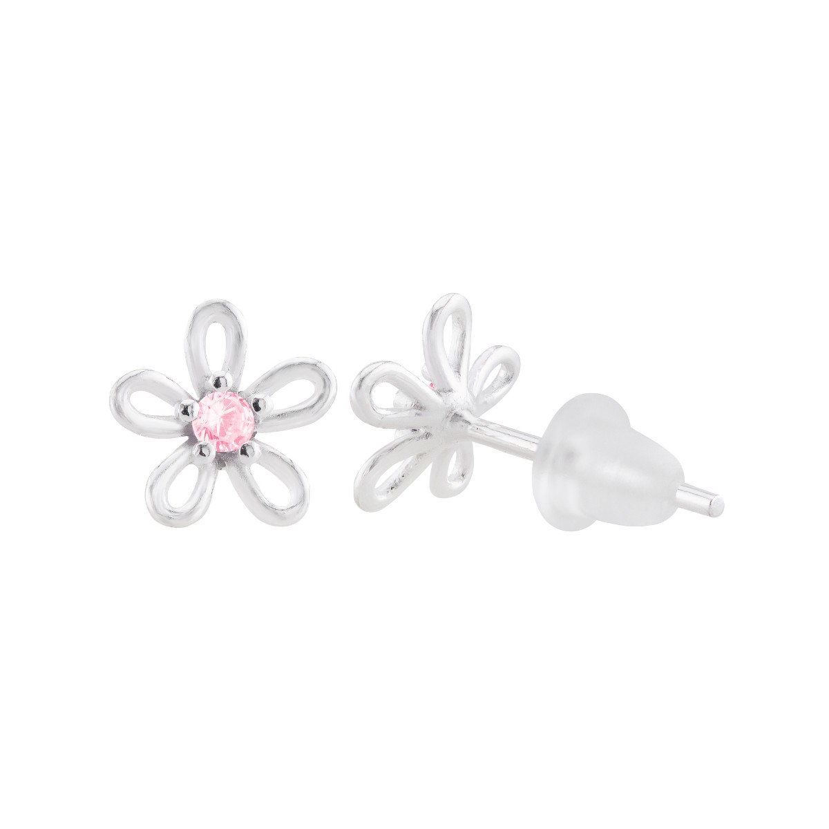 BRINCO PEQUENO P925 FLOR ZIRCONIA ROSA INFANTIL