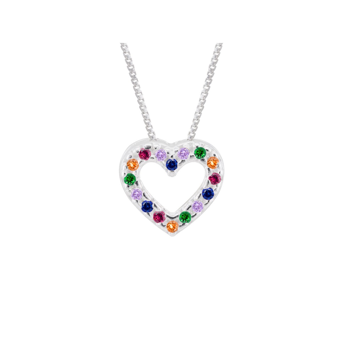 GARGANTILHA P925 45CM COM PINGENTE CORAÇÃO COLORIDO ZIRCONIA 1CMX1CM