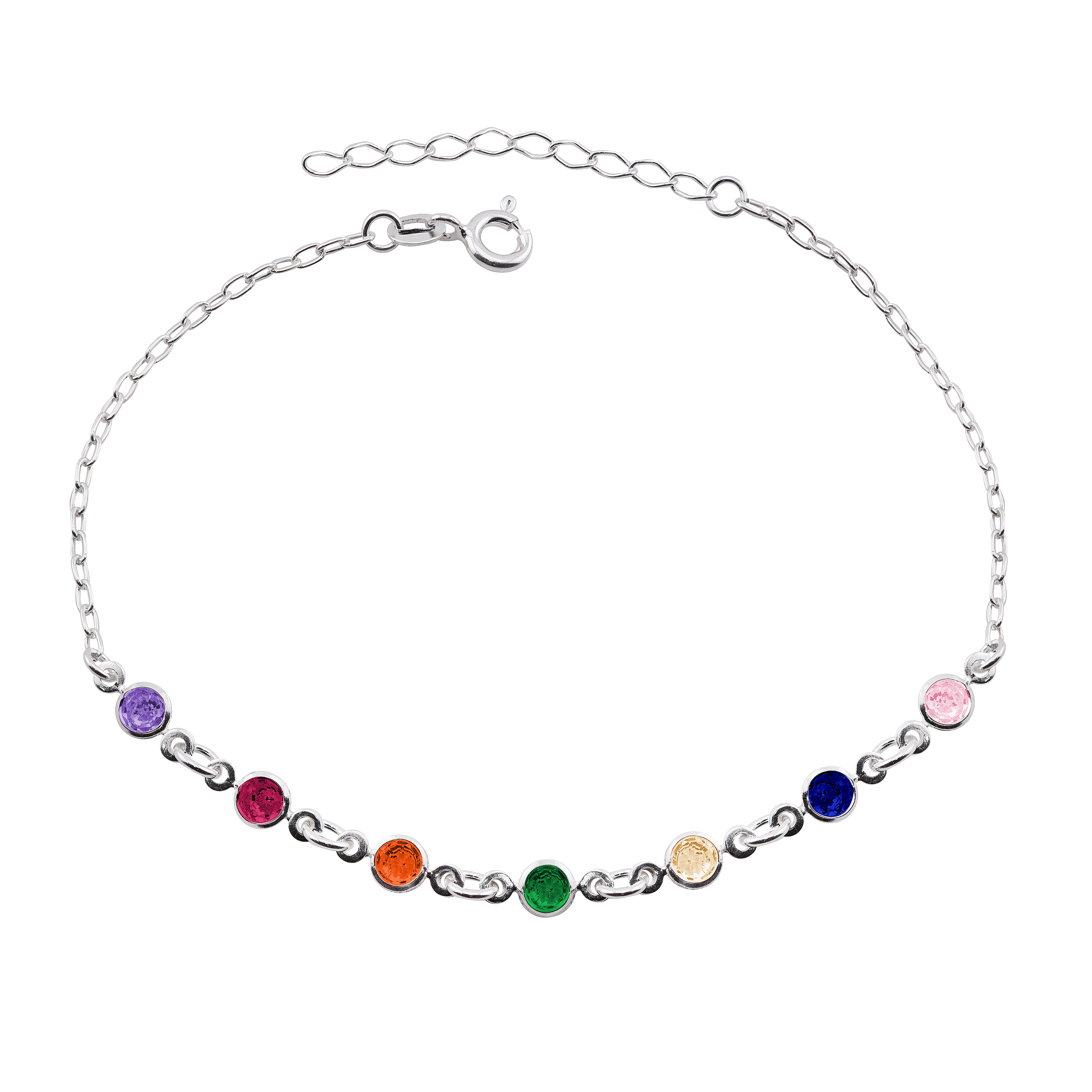 PULSEIRA P925 C/7 ZIRCONIAS COLORIDAS EM SEQUENCIA 18CM + 3CM EXTENSOR