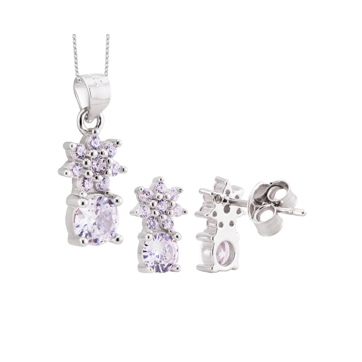 CONJUNTO P925 RÓDIO FLOR COM ZIRCÔNIA REDONDA (WHITE)