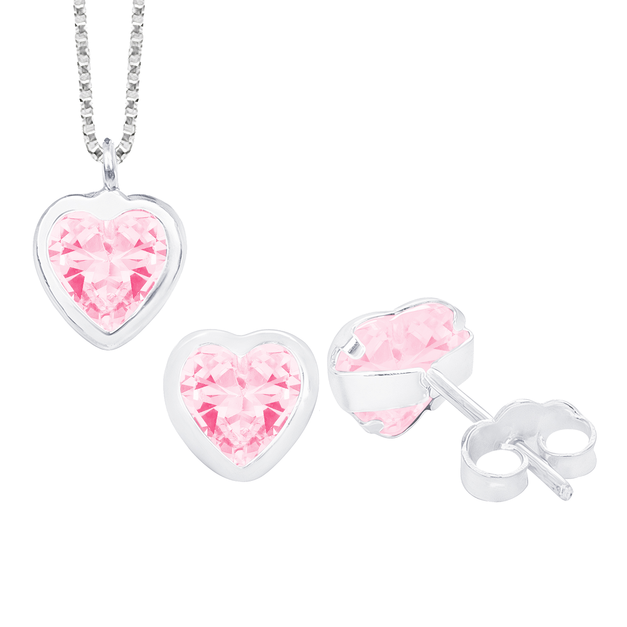 CONJUNTO P925 CORAÇÃO ZIRCÔNIA ROSA LEITOSA + GARGANTILHA P925 VENEZIANA