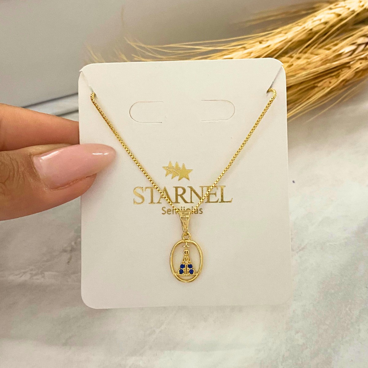 GARGANTILHA VENEZIANA + PINGENTE CIRCULO VAZADO NS APARECIDA CRAVEJADA AZUL