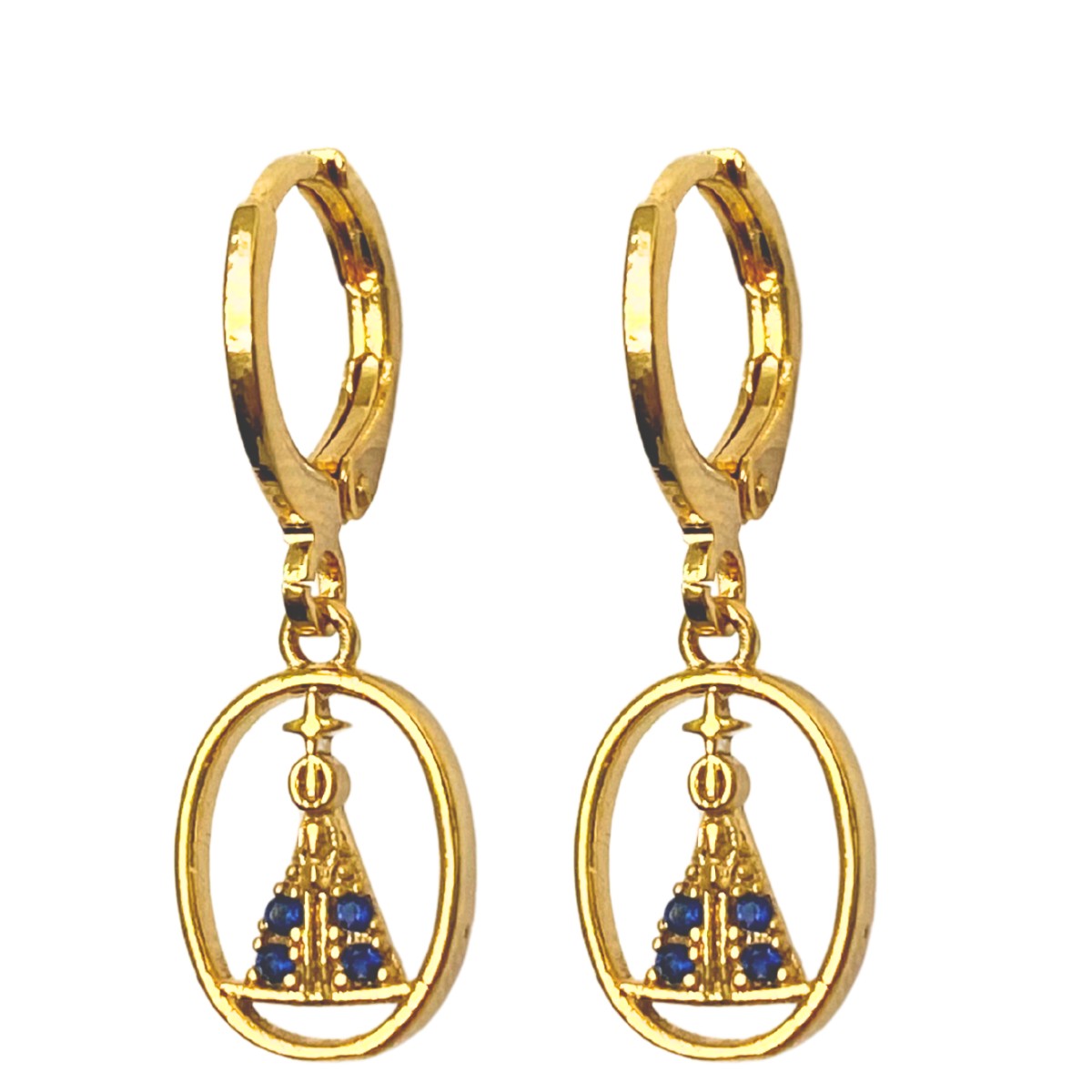 ARGOLA COM PINGENTE CIRCULO VAZADO COM NS APARECIDA CRAVEJADA AZUL