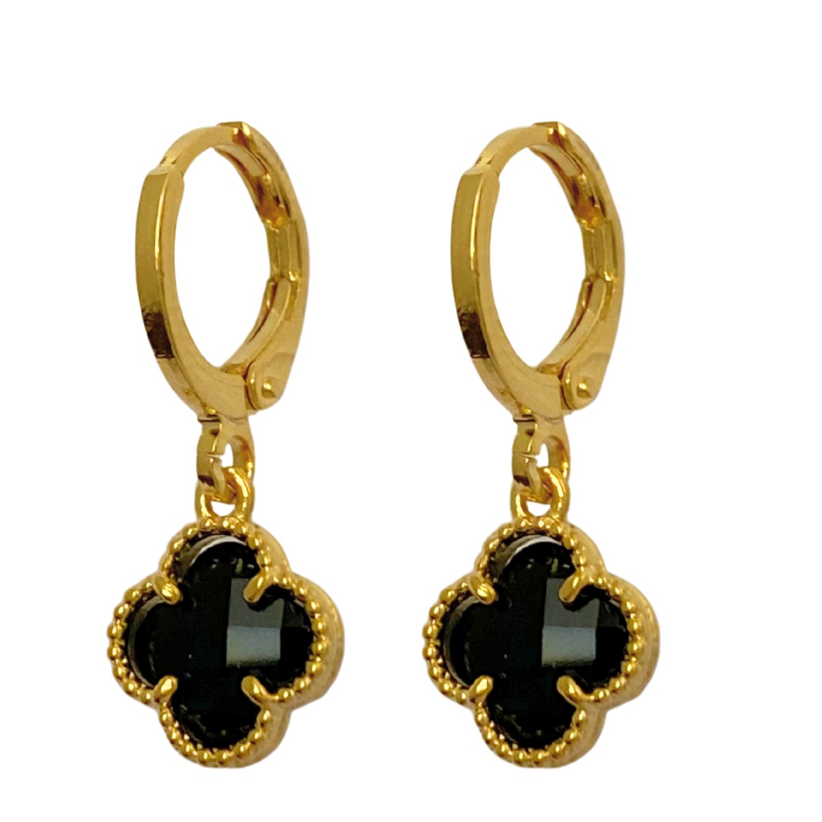 ARGOLA COM PINGENTE TREVO DE 4 FOLHAS PRETO ONIX 8MM
