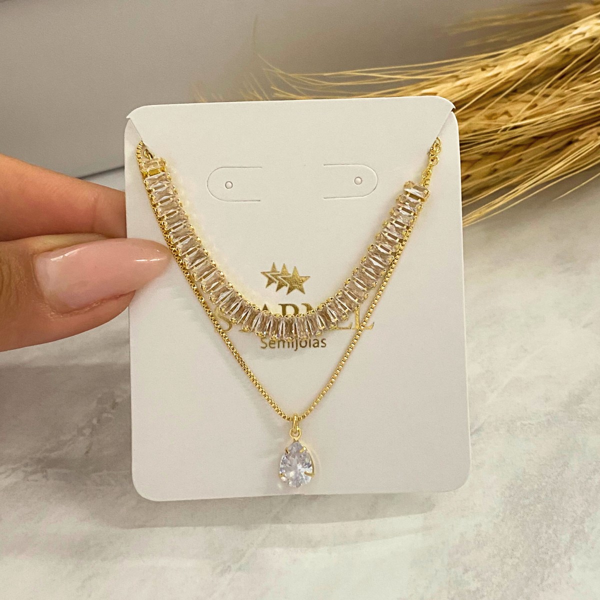 GARGANTILHA DUPLA 1 RIVIERA RETANGULAR 1 VENEZIANA COM PINGENTE DE GOTA CRISTAL