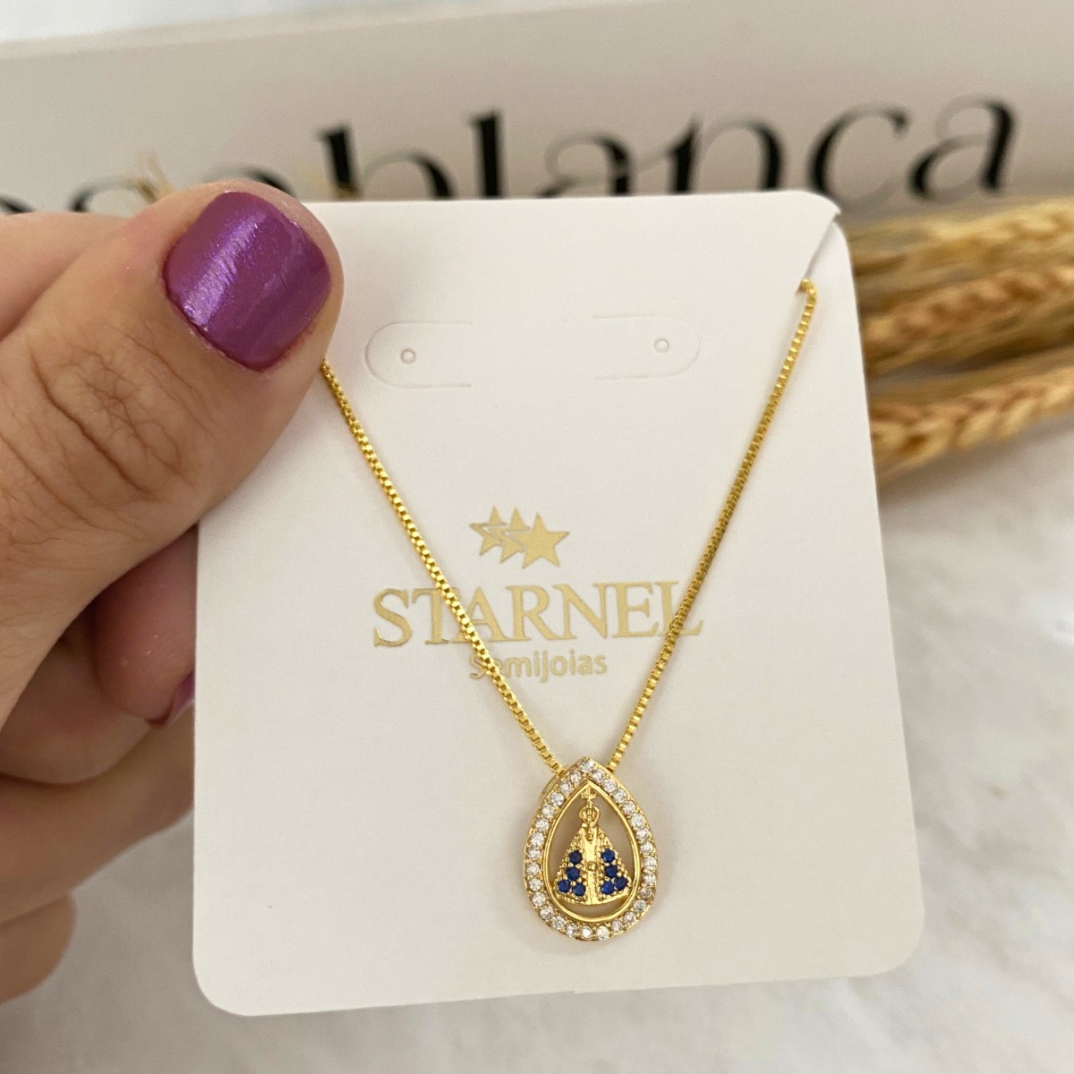 GARGANTILHA VENEZIANA + PINGENTE DE GOTA COM NOSSA SENHORA APARECIDA MANTO AZUL