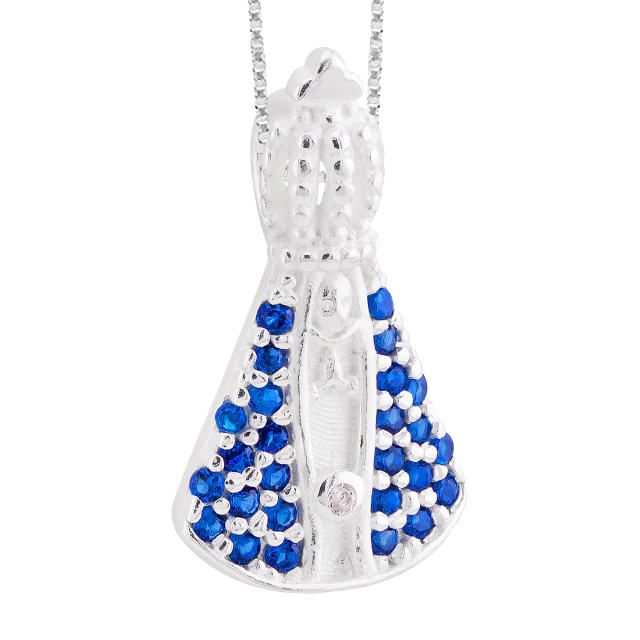GARGANTILHA P925 VENEZIANA + PINGENTE NOSSA SENHORA APARECIDA CRAVEJADO MANTO AZUL