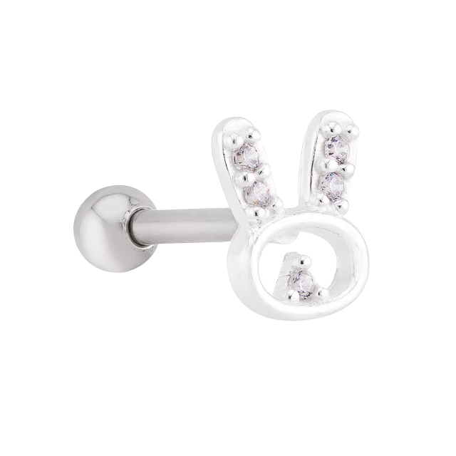 PIERCING P925, E O PINO E TARRACHA EM AÇO CIRURGICO P/ TRAGUS E HÉLICE COELHO CRAVEJADO CRISTAL 7MM