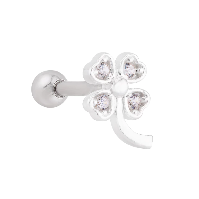PIERCING P925, E O PINO E TARRACHA EM AÇO CIRURGICO P/ TRAGUS E HÉLICE TREVO CRAVEJADO CRISTAL 8MM