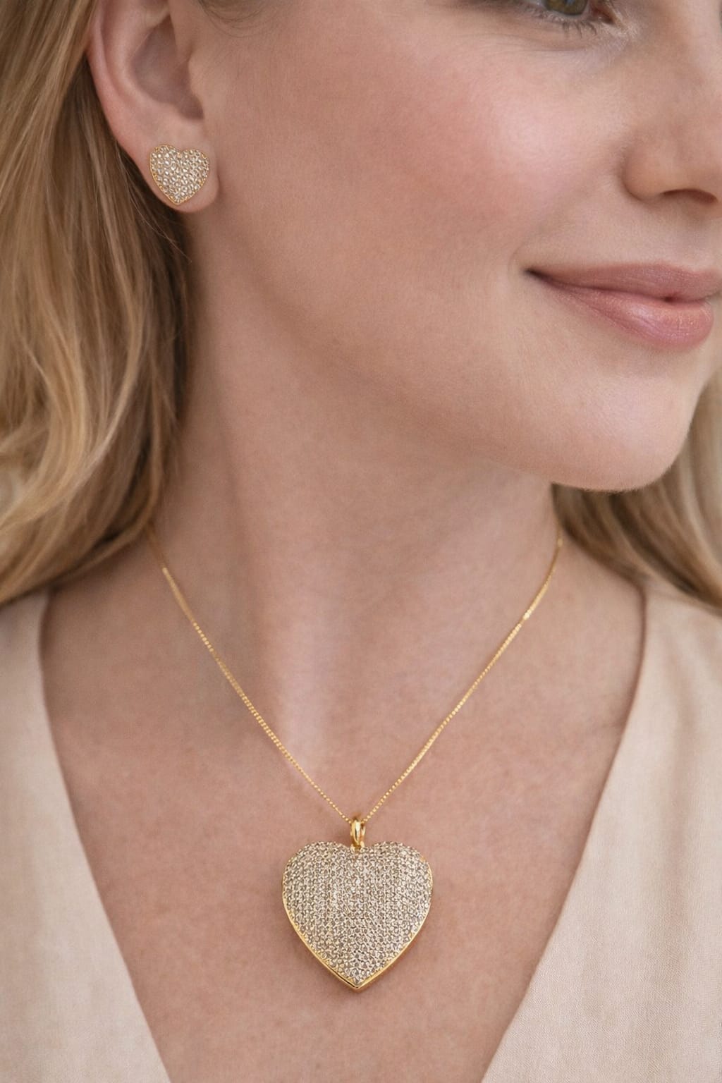 Conjunto Coração Relicario Cravejado 45cm