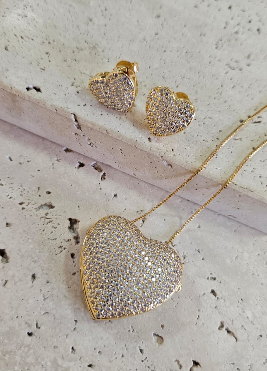 Conjunto Coração Relicario Cravejado 45cm