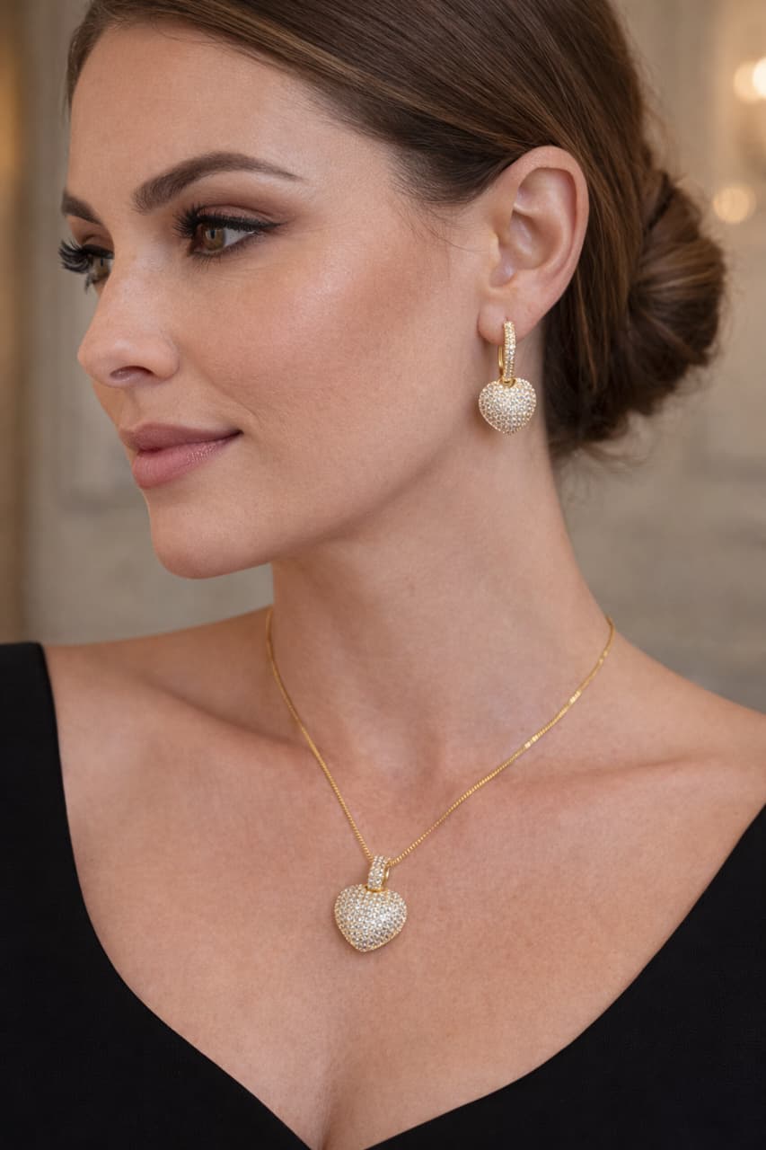 Conjunto Coração Bojudo Cravejado 45cm