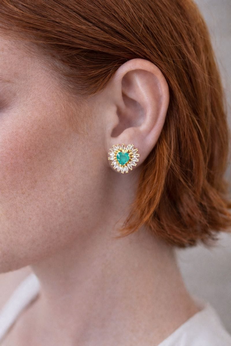 Brinco Coração Turmalina Cravejado