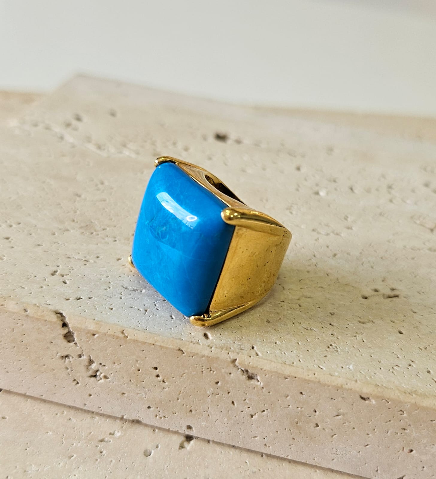 Anel Pedra Natural Azul Quadrada