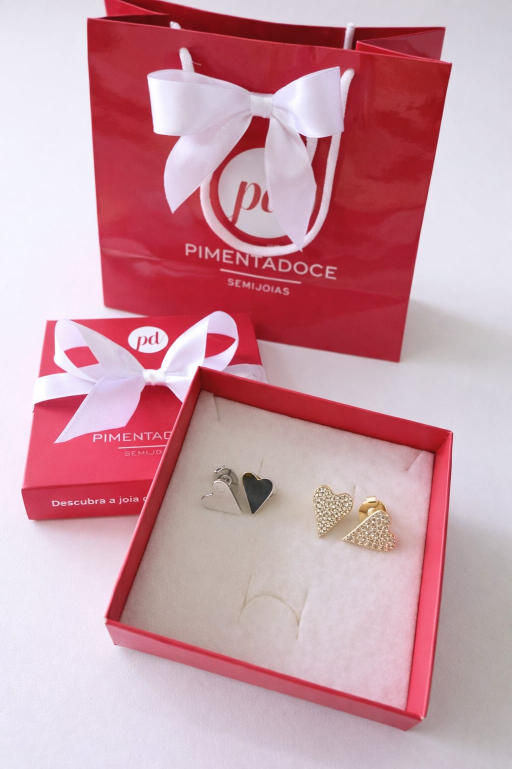 Brinco Dupla Coração Mix de Banhos Liso e Cravejado