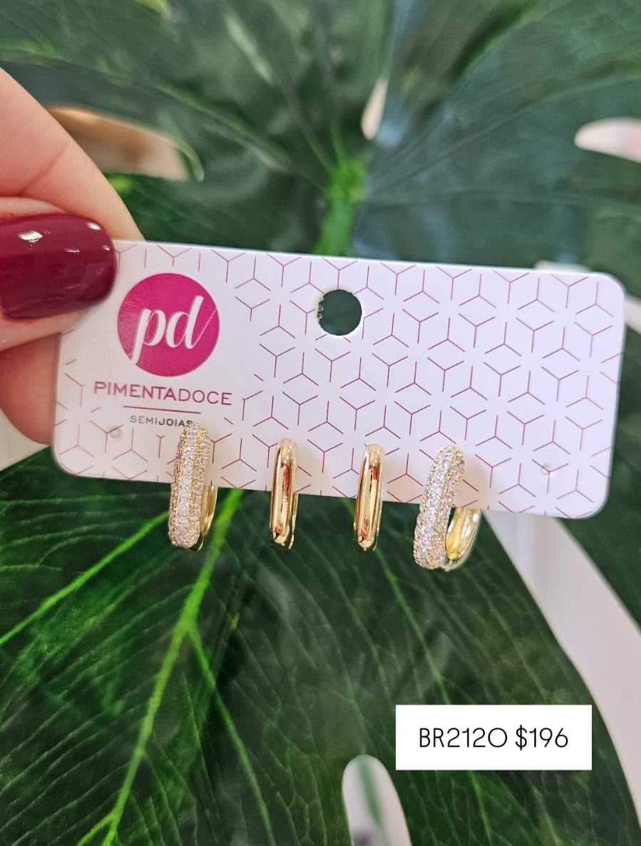 Brinco Dupla Argola Quadrada Lisa e Cravejada