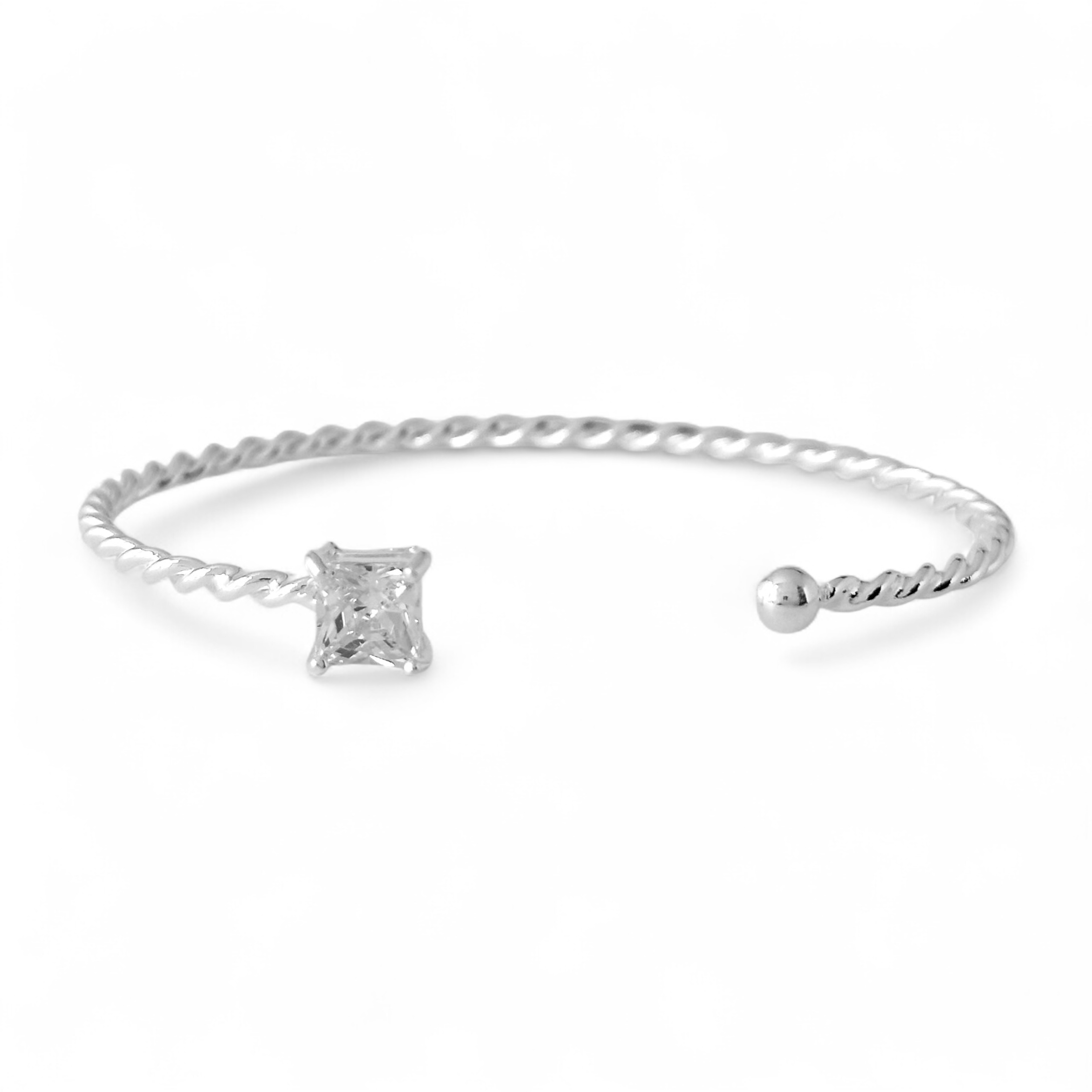 Pulseira Bracelete Aberto Torcido Folheado a Prata com Zircônia Quadrada e Bola Lisa