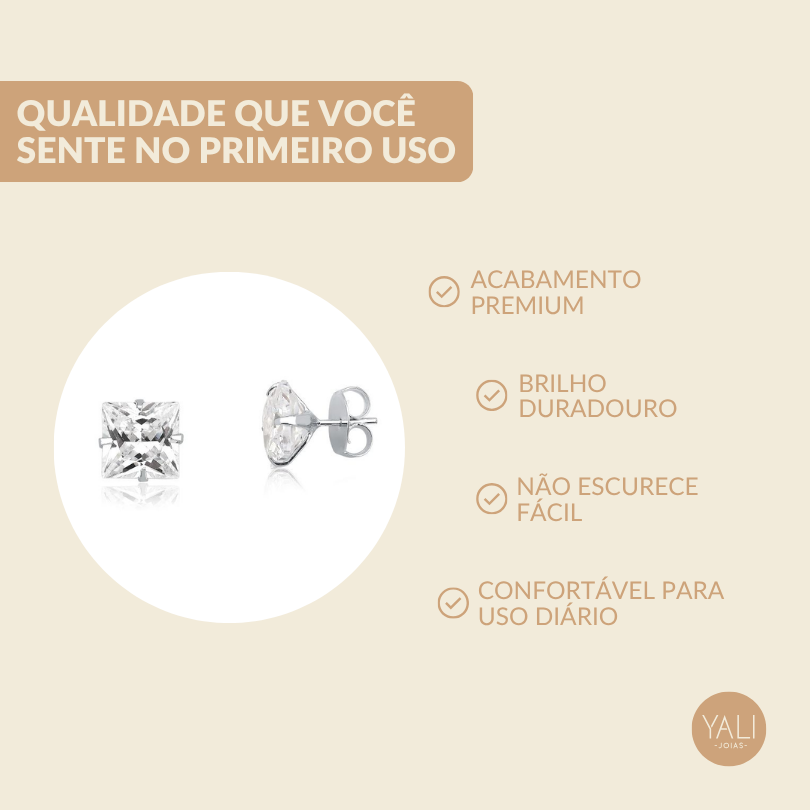 Brinco Ponto de Luz Quadrado Prata 925 com Zircônia - 10mm