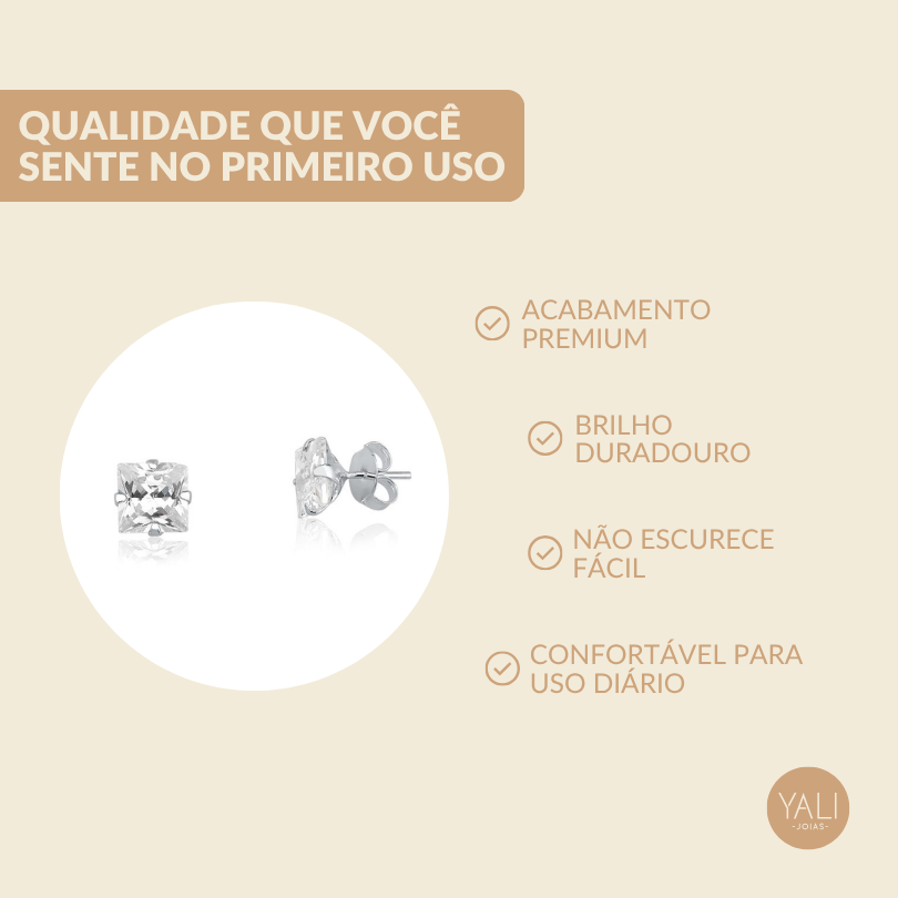 Brinco Ponto de Luz Quadrado Prata 925 com Zircônia - 8mm