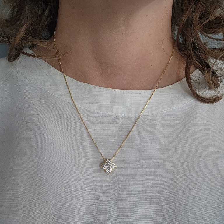 COLAR OURO TREVO ZIRC