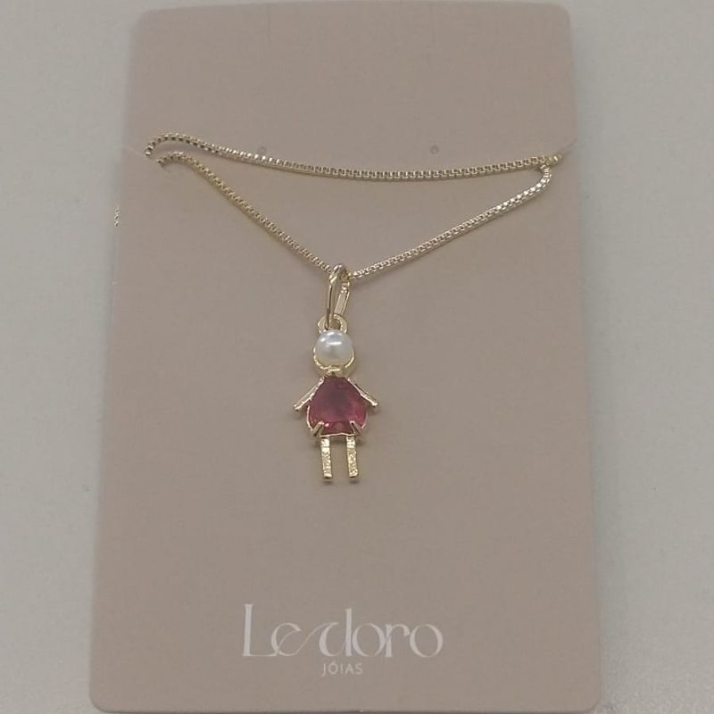COLAR FO MENINA PEROLA ZIRC CORA VERMELHO  17MM