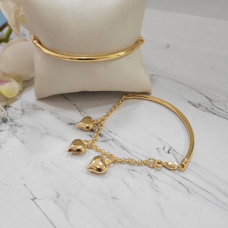 BRACELETE METADE CANINHO E PULSEIRA ELO PORTUGUES  COM 3 CORACOES