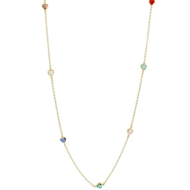 GARGANTILHA LONGA CORAÇOES COLORIDOS BANHADA A OURO 18K