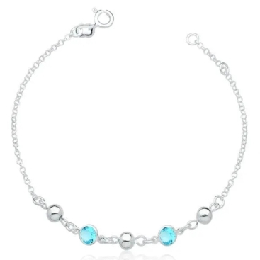 PULSEIRA DE PRATA 925 COM 2 ZIRCÔNIAS AZUL CLARO E 3 BOLINHAS