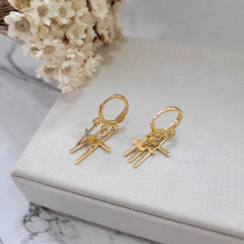 ARGOLINHA CLICK COM 3 CRUZES BANHADO A OURO 18K