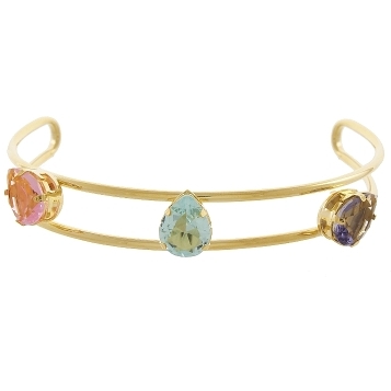 Bracelete com tres pedras separadas em forma de gotas nas cores azul ceu, quartzo rosa e ametista banhado a ouro 18k
