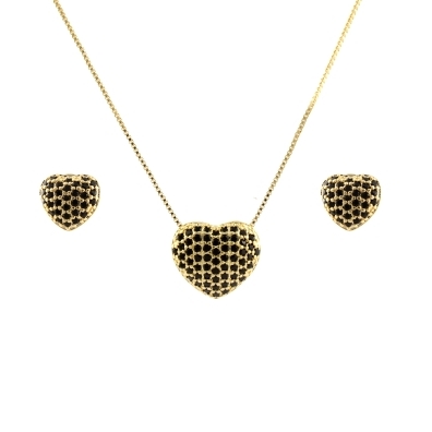 CONJUNTO CORACAO CRAVEJADO PRETO BANHADO A OURO 18K