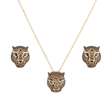 CONJUNTO DE LUXO LEOA CRAVEJADO COLEÇÃO SAVANA BANHADO A OURO 18K