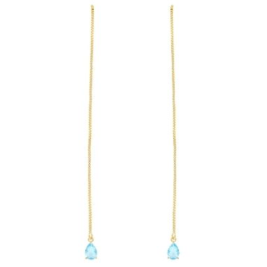 BRINCO CORRENTE COM PEDRA GOTA ÁGATA AZUL CÉU BANHADO A OURO 18K 