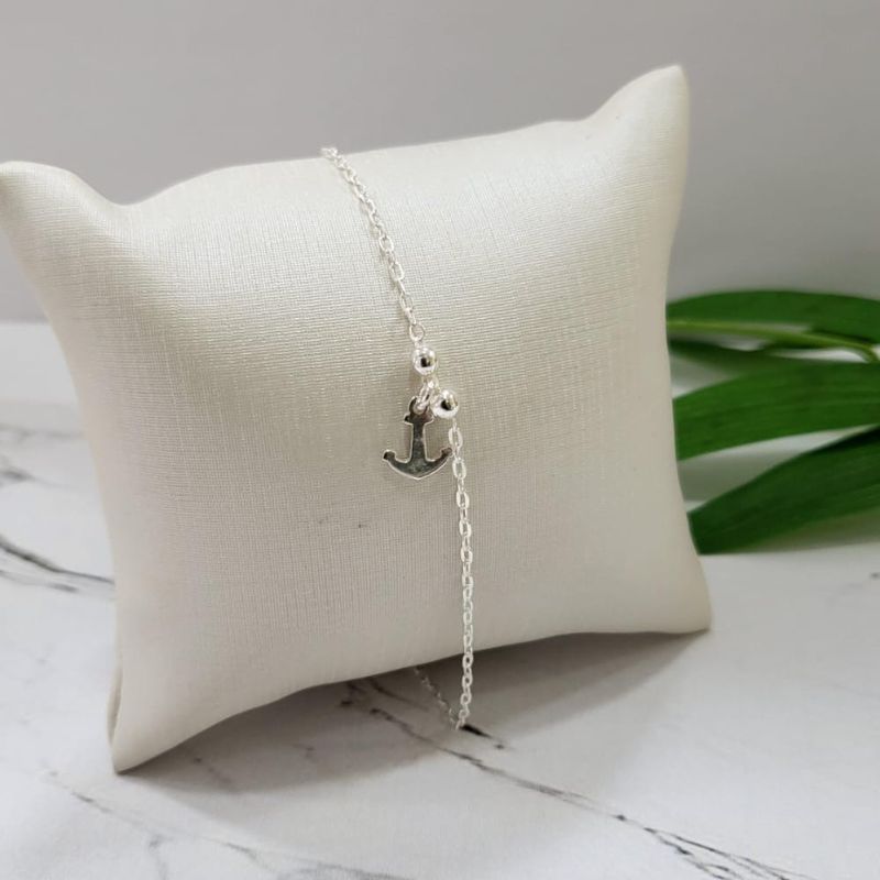 PULSEIRA DE PRATA 925 ELO CARTIER COM DUAS BOLINHAS E PINGENTE ÂNCORA