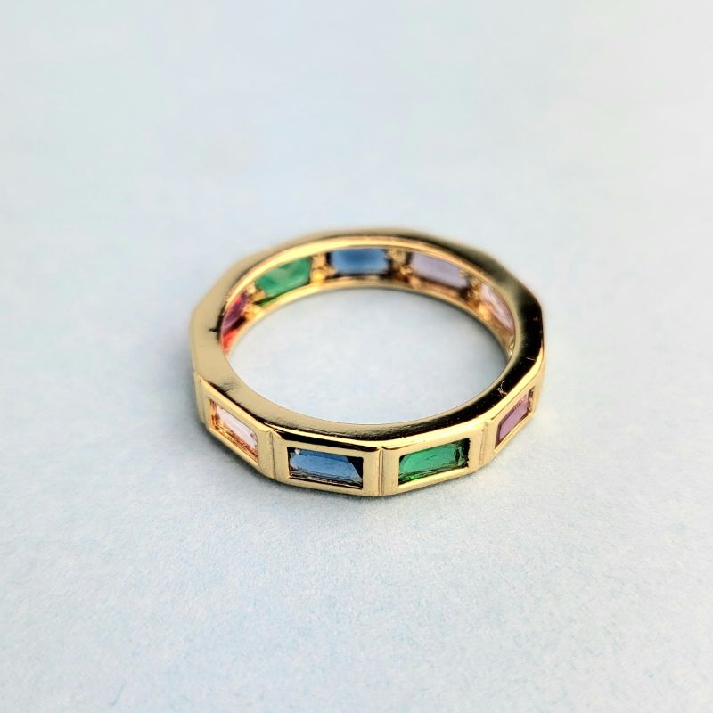 ANEL BAGUETE COLORIDO BANHADO A OURO 18K