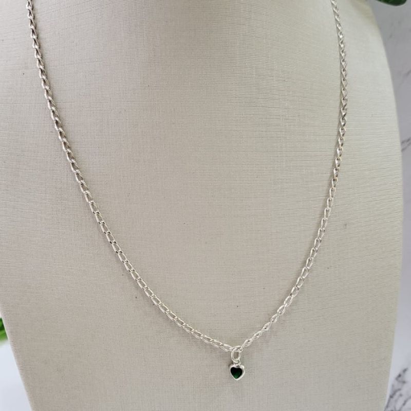 CHOCKER DE PRATA 925 ELO GRUMET PONTO LUZ CORACAO VERDE