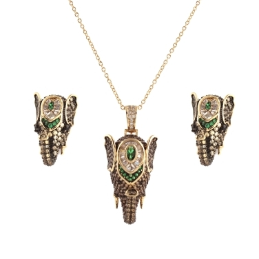 CONJUNTO DE LUXO ELEFANTE CRAVEJADO COLEÇÃO SAVANA BANHADO A OURO 18K