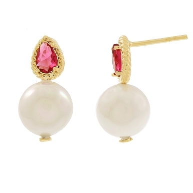 BRINCO PEROLA COM PEDRA COR RUBELITA GOTA BANHADO A OURO 18K