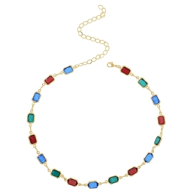 CHOKER PEDRAS COLORIDAS RETANGULAR BANHADA A OURO 18K