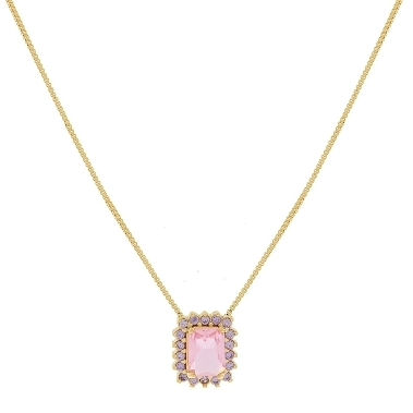 GARGANTILHA COM PING PEDRA RETANGULAR COM LATERAIS CRAVEJADAS BANHADO A OURO 18K