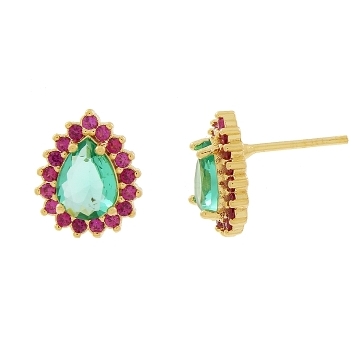 BRINCO LATERAIS CRAVEJADO COM PEDRA GOTA NO MEIO BANHADO A OURO 18K
