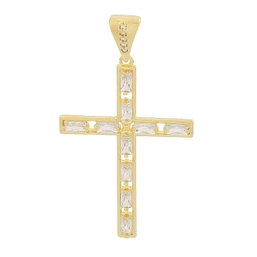 PINGENTE CRUZ COM PEDRAS NAVETE CRISTAL COM ELO CRAVEJADO BANHADO A OURO 18K