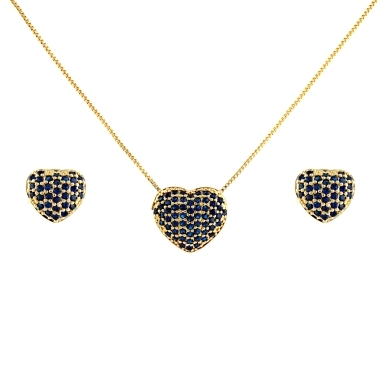 CONJUNTO CORACAO CRAVEJADO AZUL SAFIRA BANHADO A OURO 18K