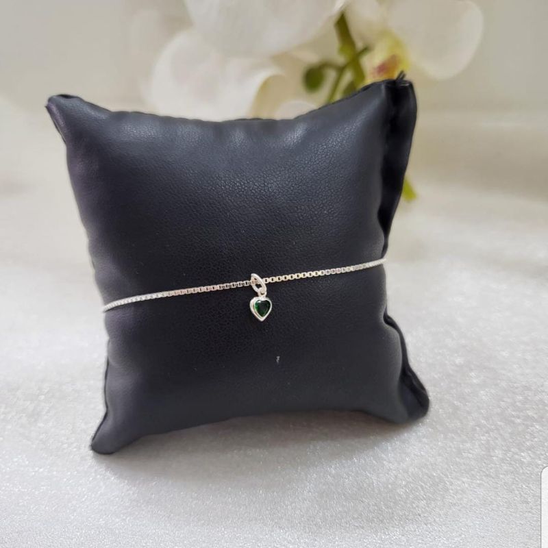 PULSEIRA DE PRATA 925 PINGENTE PEDRA CORAÇÃO VERDE