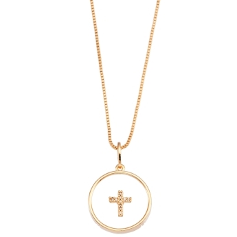 GARGANTILHA REDONDA TRANSPARENTE COM CRUZ CRAVEJADA BANHADO A OURO 18K