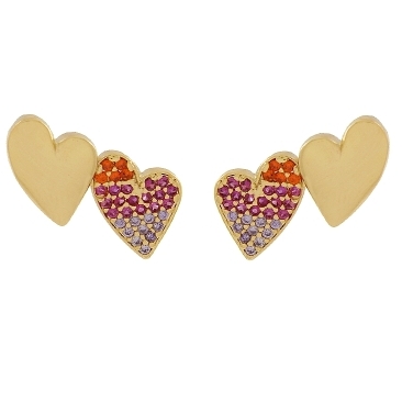 BRINCO COM 1 CORAÇÃO CRAVEJADO E OUTRO LISO BANHADO A OURO 18K
