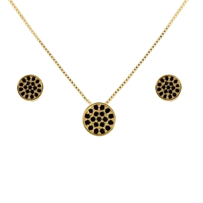 CONJUNTO REDONDINHO CRAVEJADO PRETO BANHADO A OURO 18K